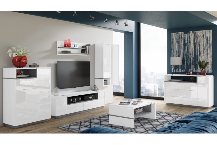 Set Credenza e Mobile TV - Bianco Laccato - Soggiorno moderno SEFRO