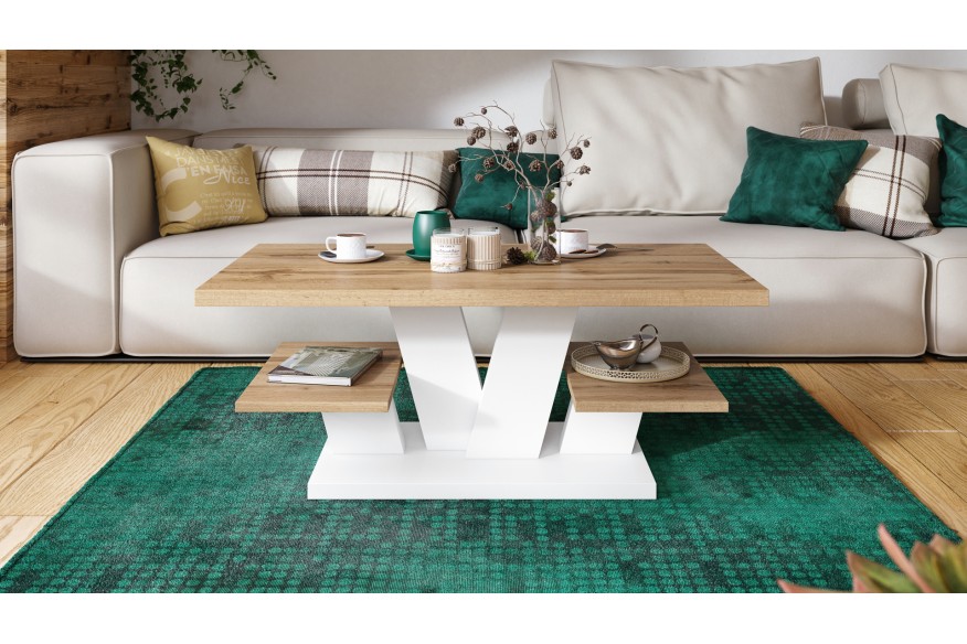 VIVA OPACO Rovere Wotan/Bianco - MODERNO TAVOLINO DA CAFFÈ/DA SALOTTO CON MENSOLE