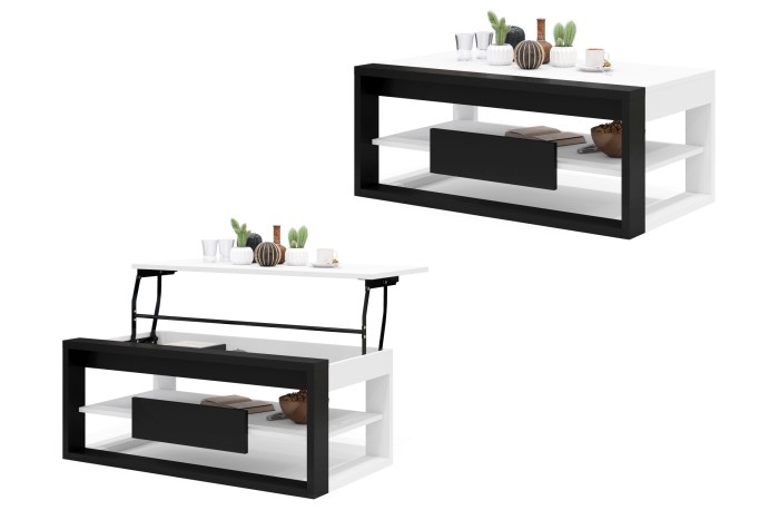 FRAME Bianco Opaco/Nero Opaco - MODERNO TAVOLINO CON PIANO SOLLEVABILE + PORTAOGGETTI + MENSOLA